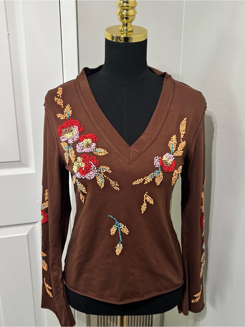 Brown Floral Boho Earthy Beaded Longsleeve Top with flare sleeves Size Medium